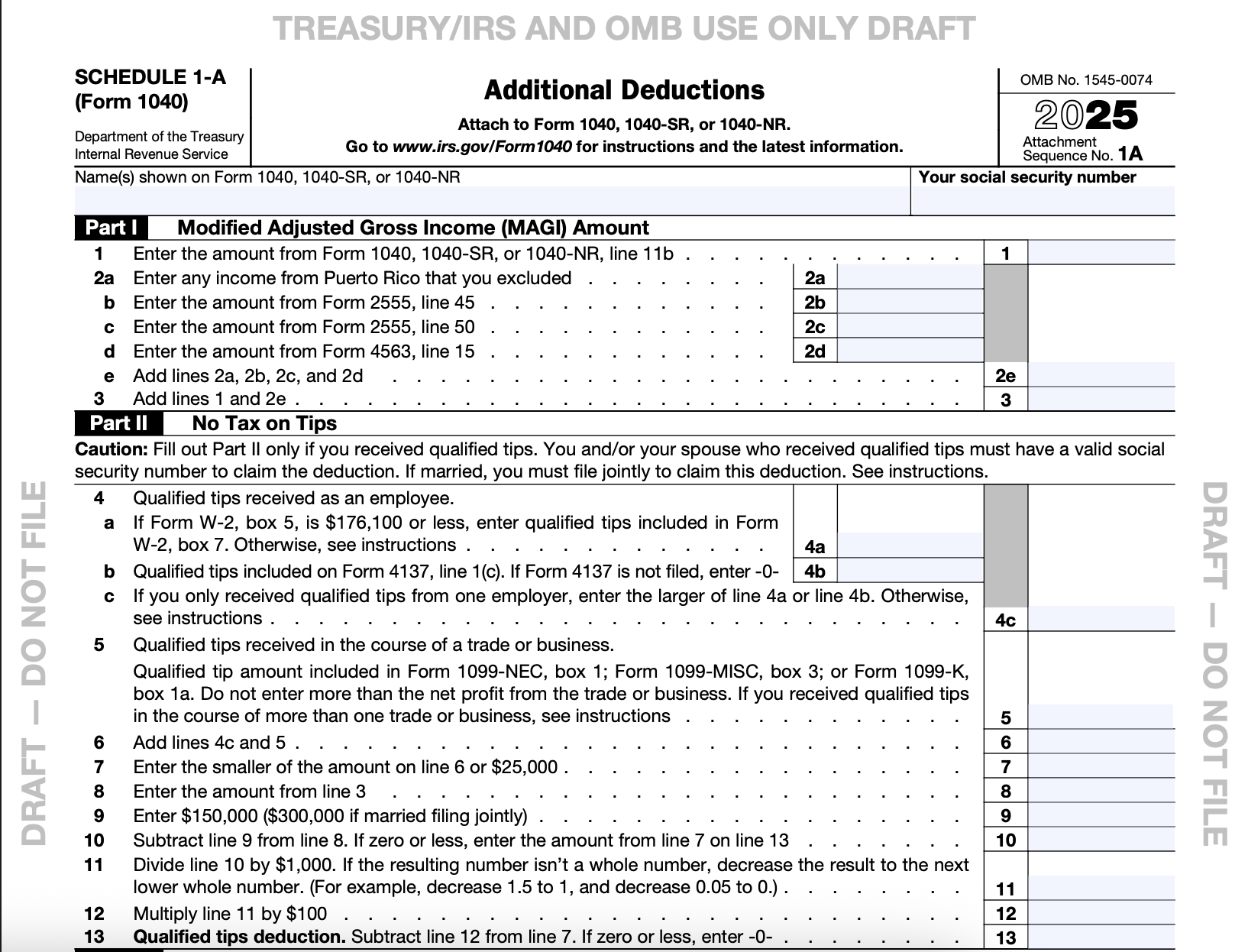 IRS draft Schedule 1-A (Form 1040) for 2025, Additional Deductions form showing new fields for tips, overtime, car loan interest, and senior deduction.