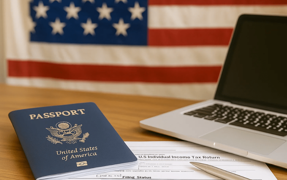 US passport, tax return form, and laptop on a desk with the American flag in the background, symbolizing military contractors abroad filing taxes with the Foreign Earned Income Exclusion.
